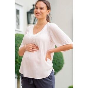 Seraphine White Boho Chic Maternity Blouse Top Size 6 Flowy Oversized V Neck NWT